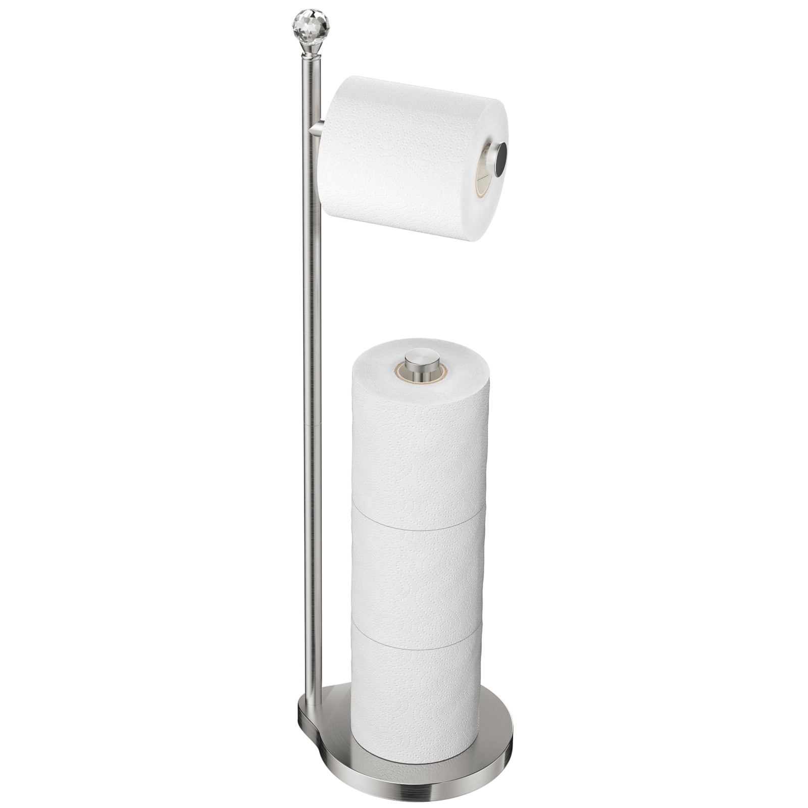 KASUNTO Toilet Paper Holder for Bathroom, Heavy Weighted Metal Free Standing Toilet Paper Storage with Crystal Ball, Toilet Paper Stand for Bathroom Accessories, Brushed Nickel [Holds MEGA Rolls]