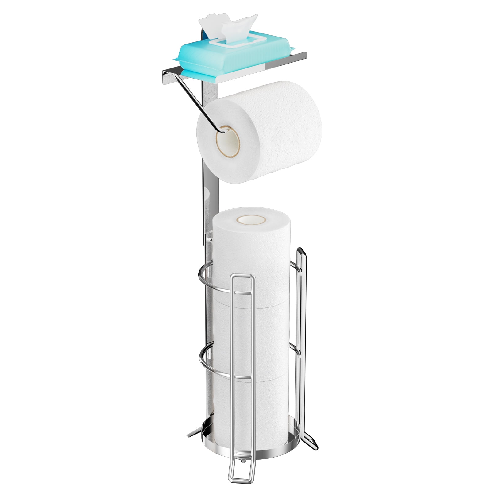 KASUNTO Toilet Paper Holder Free Standing, Toilet Paper Stand Storage with Reserve and Shelf, (Polished Chrome)