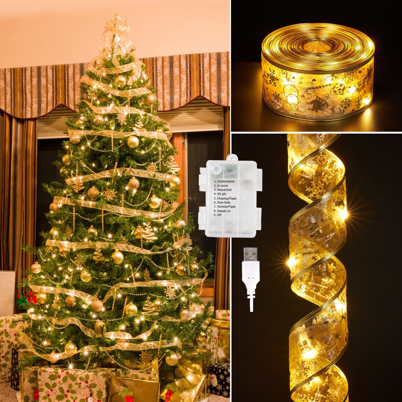 KASZOO 32.8Ft Christmas Ribbon Lights for Tree,100 LED Gold Christmas  Lights for Christmas Decor