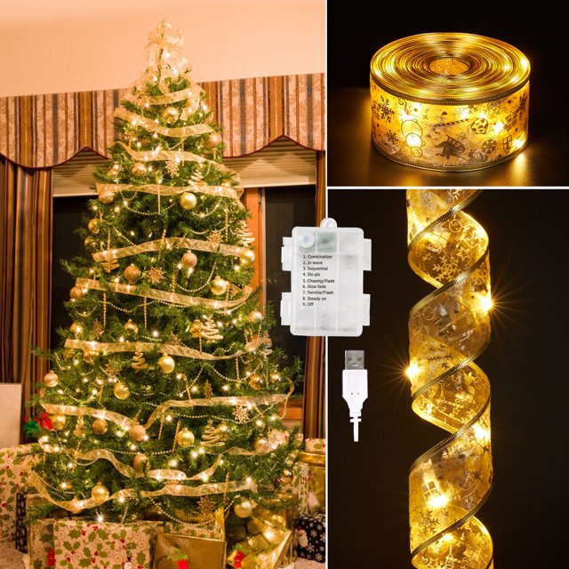 KASZOO 32.8Ft Christmas Ribbon Lights for Tree,100 LED Gold Christmas