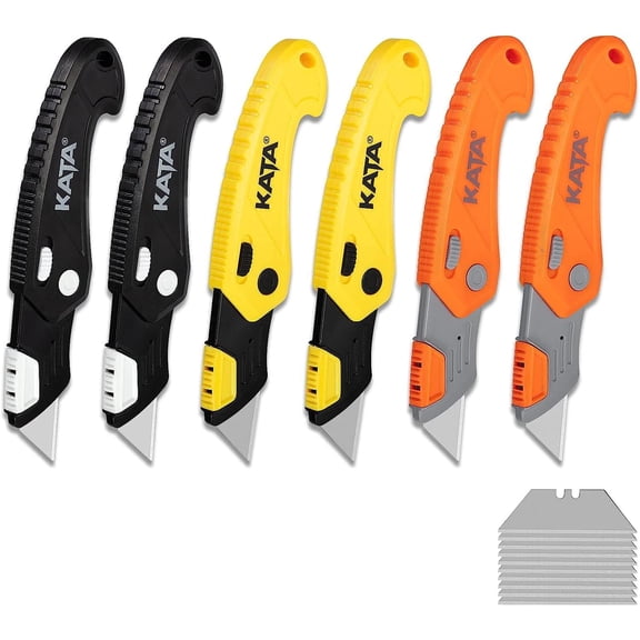 KATA 6-Pack Folding Utility Knife, Tool-Free Quick Change Box Cutter with 10 Extra Dual Hardness SK5 Blades for Cartons, Cardboard and Boxes