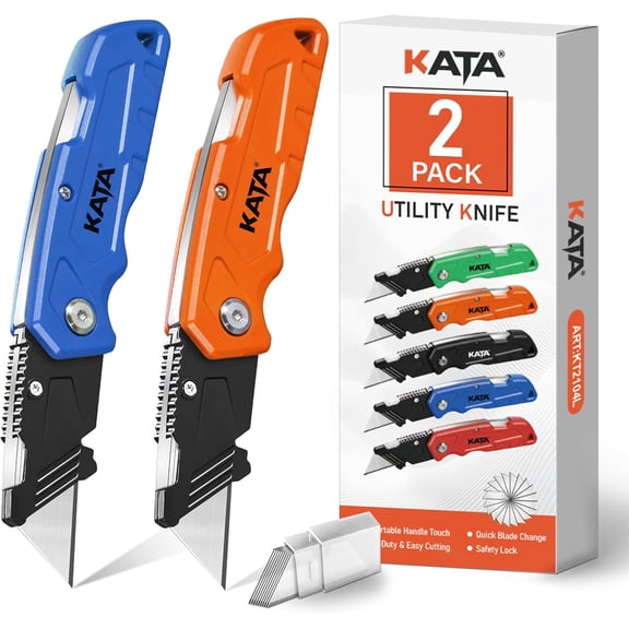 KATA Folding Box Cutter Knives - Heavy Duty Utility Knife Box Cutters with Extra 10pcs Razor Blades - 2-Pack Pocket Knife Plastic Cardboard Opener Tool - Used for Cutting Cartons, Boxes (Orange/Blue)