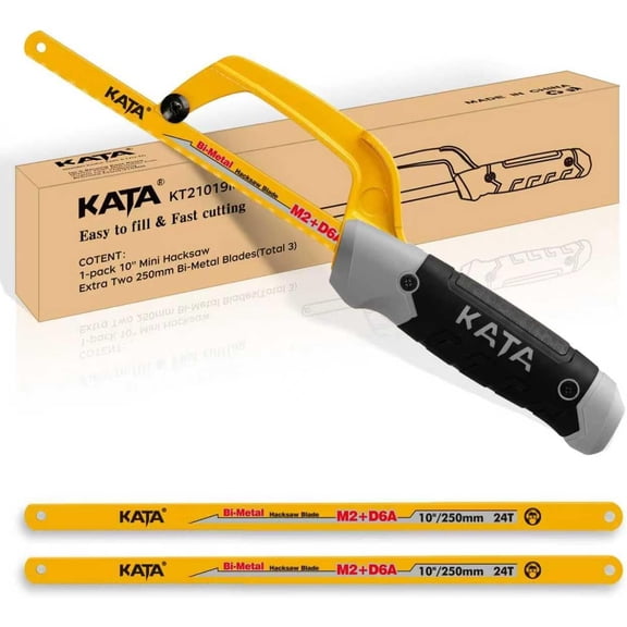 KATA Mini Hacksaw for Metal Cutting, Compact Hand Hack Saw Tool with 10 Inch Aluminum Frame and 2 Piece Extra Flexible Bi-Metal HSS Saw Blades, Small Handsaw Cutter for Wood, PVC, Iron, Copper