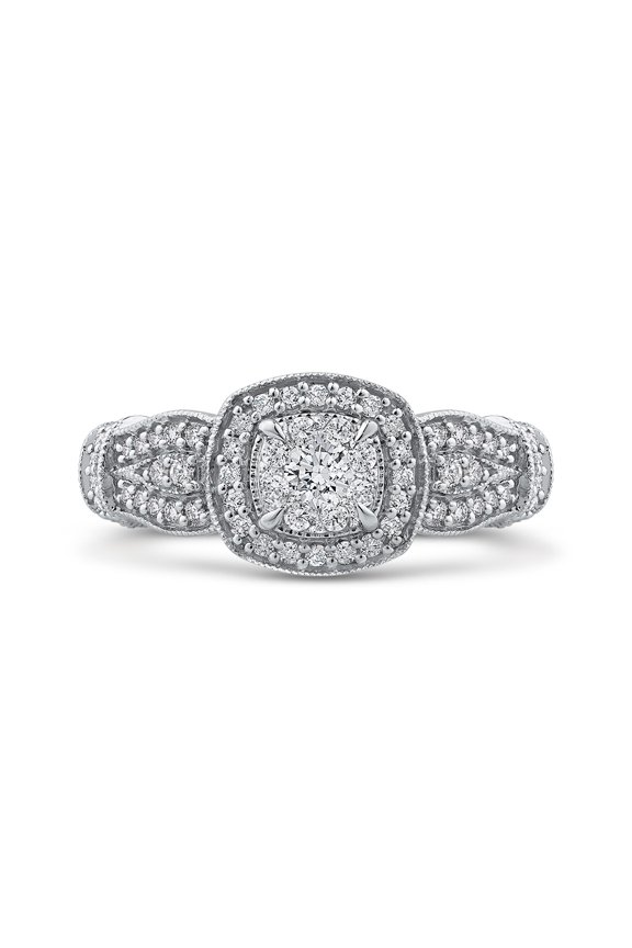 Diamond Halo Engagement Ring in 10K White Gold (1/2 cttw, I-J, I1) (Size-6.75)