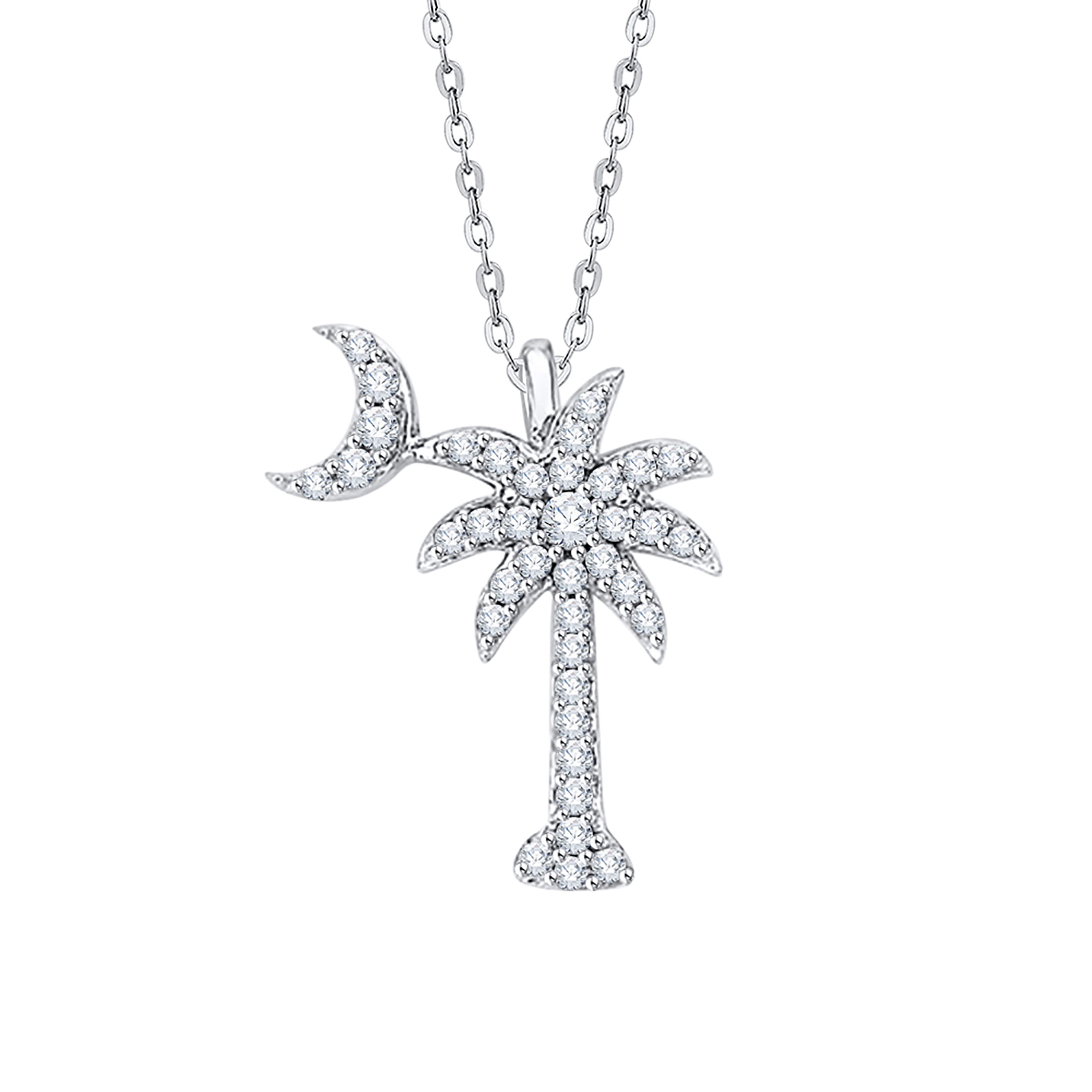 KATARINA Diamond Palm Tree with Crescent Moon Pendant Necklace in 14K White Gold (1/5 Cttw, G-H, I2-I3)