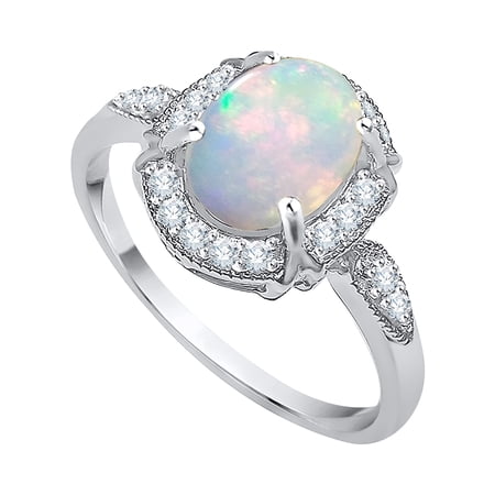 KATARINA Diamond and Oval Cut Opal Fashion Ring in 10K White Gold (1 Cttw, G-H, I2-I3) (Size-8.25)