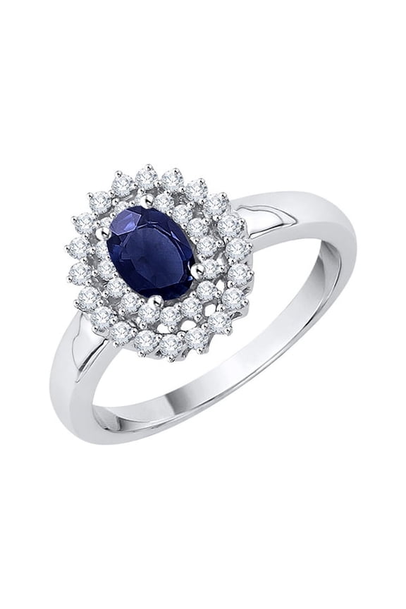 Diamond and Oval Cut Sapphire Double Halo Engagement Ring in 14K White Gold (1 cttw, G-H, I2-I3)