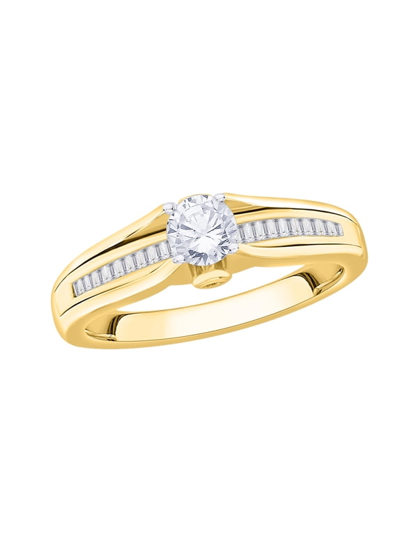 KATARINA Round and Baguette Cut Diamond Engagement Ring in 10K Yellow Gold  (1/2 cttw, I-J, I1-I2) (Size-10.5)
