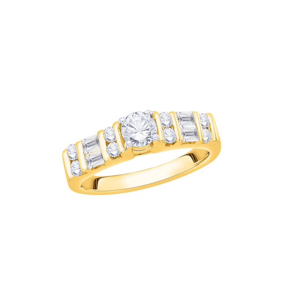 KATARINA Round and Baguette Cut Diamond Engagement Ring in 10K Yellow Gold (3/4 cttw, I-J, I1-I2) (Size-5.5)