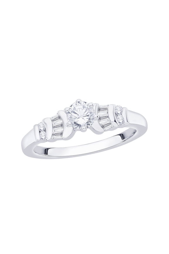 Round and Baguette Cut Diamond Engagement Ring in 14K Gold (3/4 cttw, I-J, I1-I2)