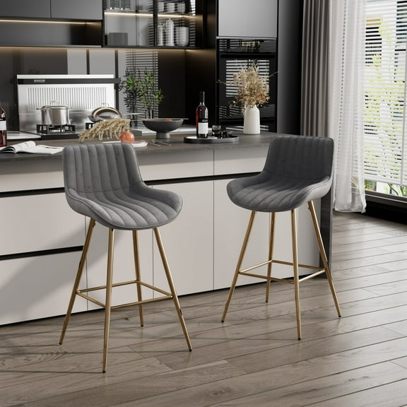 KATBOC 26in Bar Stools Set of 2, Chrome Footrest Velvet Fabric Counter Stools with Golden Legs, Modern High Stools for Kitchen, Bar, Gray