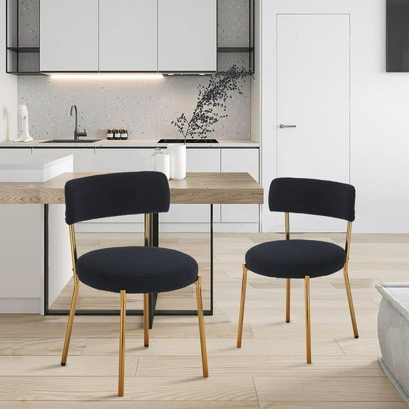 KATBOC 2pcs Teddy Velvet Dining Chair, Gold Metal Legs with Adjustable Non-Slip Feet, High-Density Sponge Seat, Stain-Resistant, for Office, Living Room, Kitchen, Black