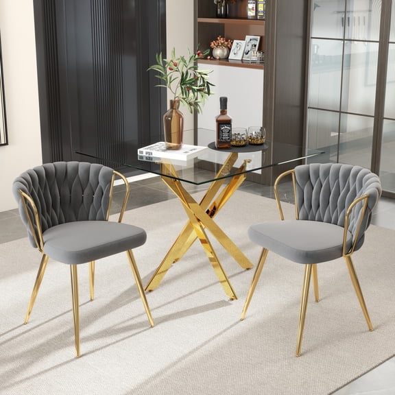 KATBOC 3-Piece Glass Dining Table Set with Velvet Chairs, 36in Square Tempered Glass Top & Chrome Metal Legs, Space Saving for Small Kitchen Apartment, Gold & Gray