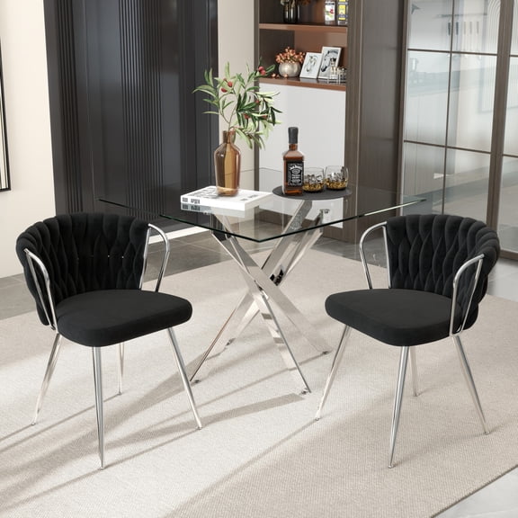 KATBOC 3-Piece Glass Dining Table Set with Velvet Chairs, 36in Square Tempered Glass Top & Chrome Metal Legs, Space Saving for Small Kitchen Apartment, Silver & Black