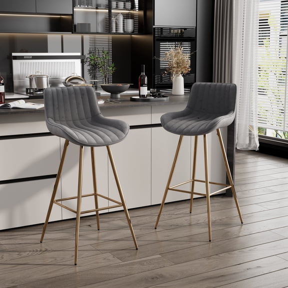 KATBOC 30in Bar Stools Set of 2, Chrome Footrest Velvet Fabric Counter Stools with Golden Legs, Modern High Stools for Kitchen, Bar, Gray