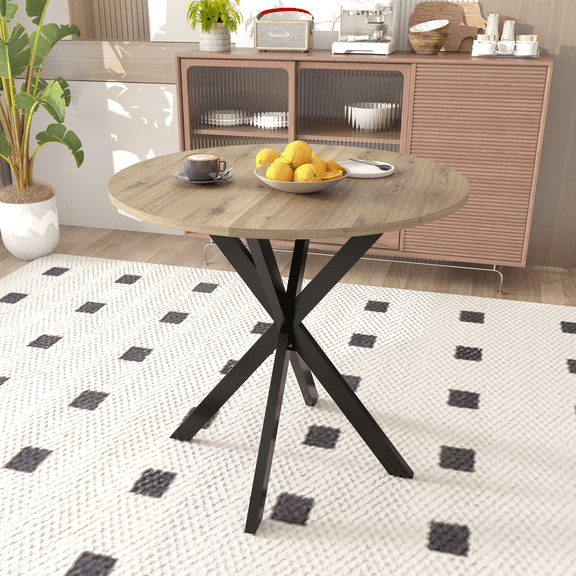 KATBOC 31.5in Round Dining Table, Modern Style with Metal Black Legs, Space-Saving MDF Tabletop Kitchen Table for 2-4 People, Brown