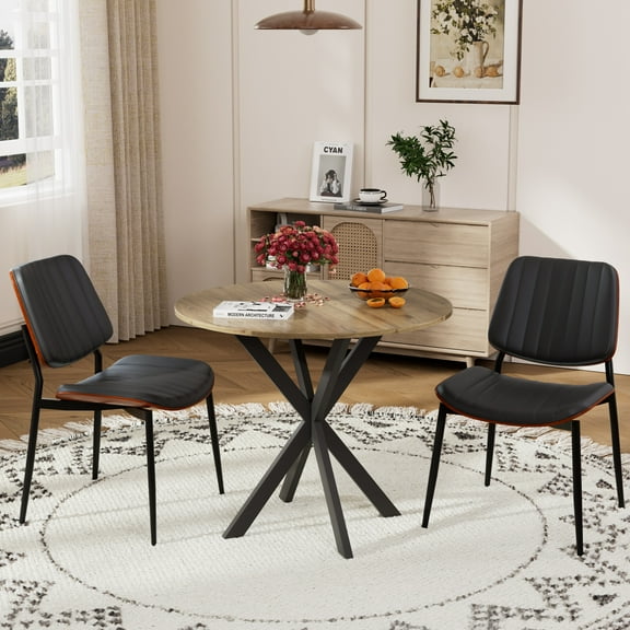 KATBOC 31.5in Round Dining Table Set for 2, 1 Dining Table with 2 PU Chairs, SRustic Brown MDF Tabletop and Metal Legs, Industrial Style for Kitchen Dining Room, Small Space, Black