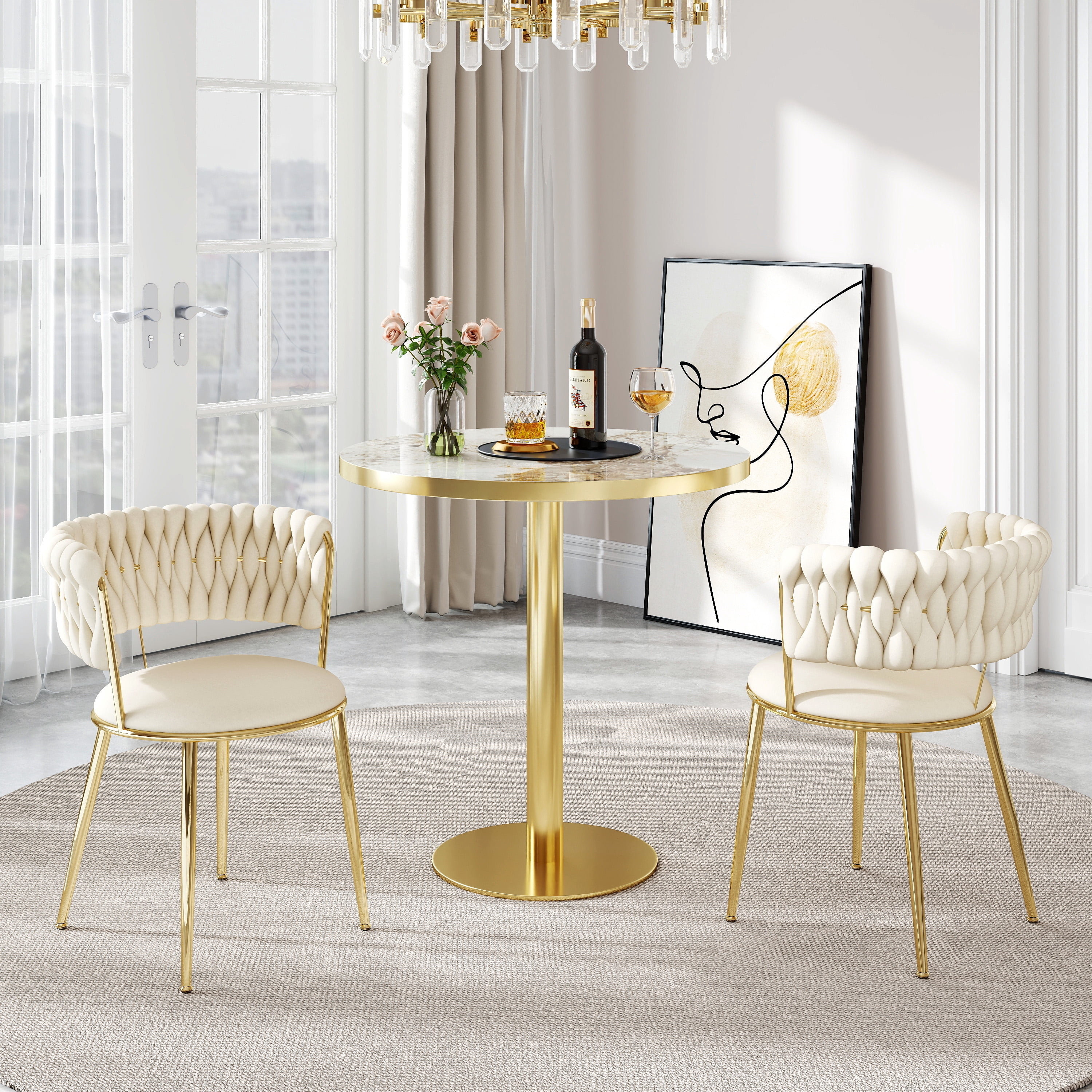 KATBOC 31.5in Round Dining Table Set with 2 Velvet Chairs, Faux Marble ...