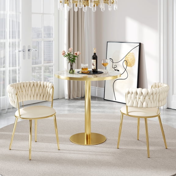 KATBOC 31.5in Round Dining Table Set with 2 Velvet Chairs, Faux Marble Top and Tulip Base, Ergonomic Adjustable Feet for Kitchen Dining Room Small Space, Beige