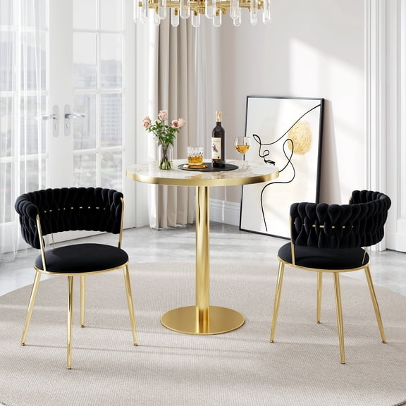 KATBOC 31.5in Round Dining Table Set with 2 Velvet Chairs, Faux Marble Top and Tulip Base, Ergonomic Adjustable Feet for Kitchen Dining Room Small Space, Black