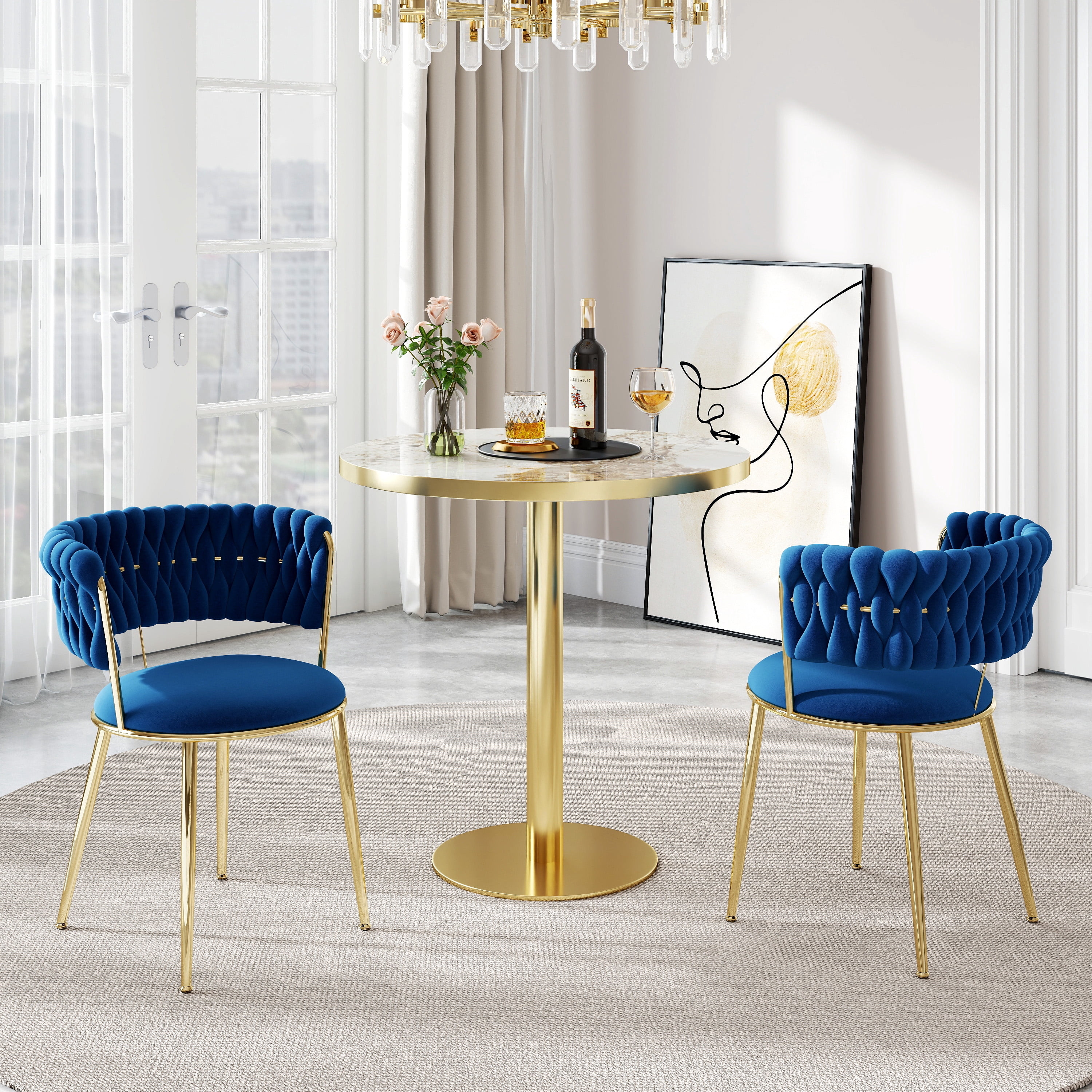 KATBOC 31.5in Round Dining Table Set with 2 Velvet Chairs, Faux Marble ...