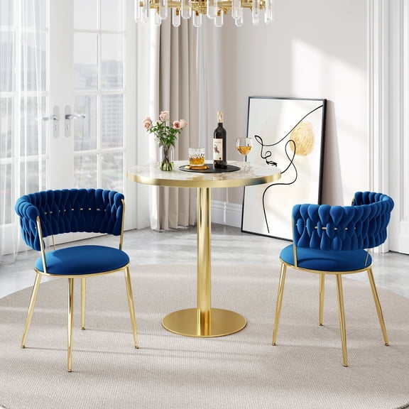 KATBOC 31.5in Round Dining Table Set with 2 Velvet Chairs, Faux Marble Top and Tulip Base, Ergonomic Adjustable Feet for Kitchen Dining Room Small Space, Blue