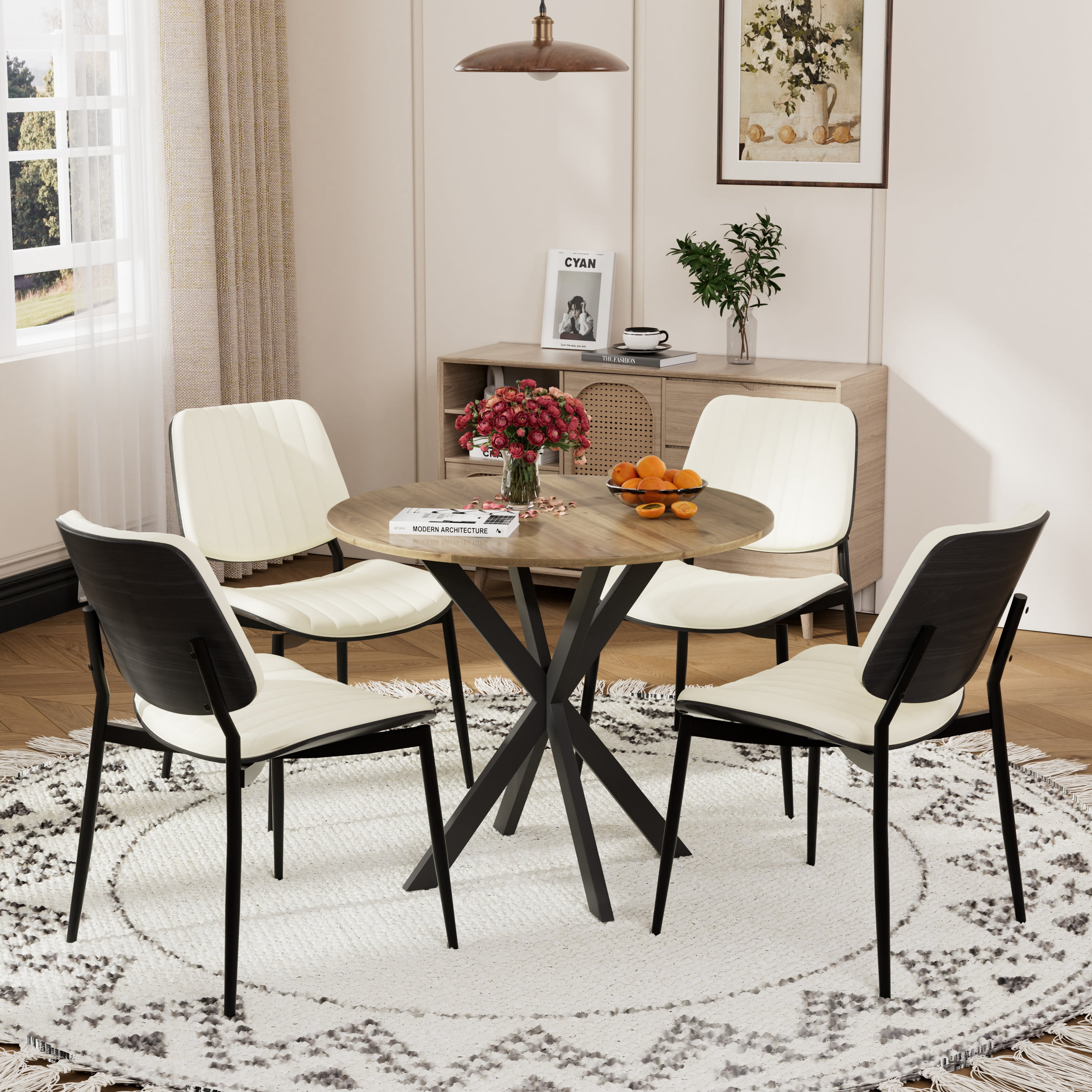 KATBOC 31.5in Round Dining Table Set for 4, 1 Dining Table with 4 PU ...