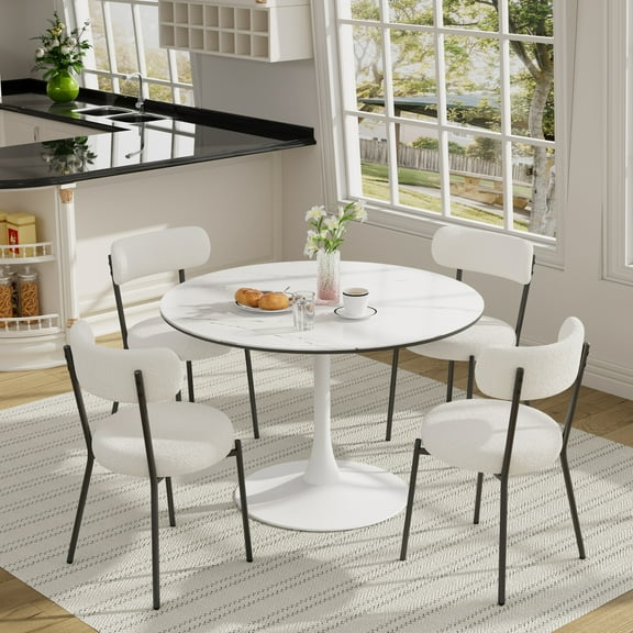 KATBOC 31.5in Round Dining Table for2-4 People,Space-Saving Black Marble MDF Top Metal Legs, Multi-Functional for Kitchen, Office, Studio, White