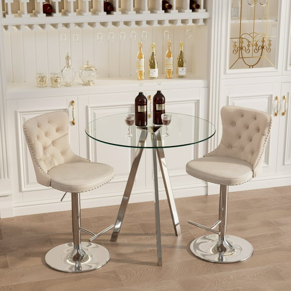 KATBOC 31.5in Round Glass Dining Table with 2 Bar Stools, Scratch-Resistant Aluminum Tray & Metal Legs, Modern Minimalist Design for dining, Living Room, Sliver