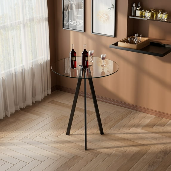KATBOC 31.5in Round Glass Dining Table, Scratch-Resistant Aluminum Tray & Metal Legs, Modern Minimalist Design for dining, Living Room, Black