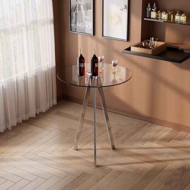 thumbnail image 1 of KATBOC 31.5in Round Glass Dining Table, Scratch-Resistant Aluminum Tray & Metal Legs, Modern Minimalist Design for dining, Living Room, Sliver, 1 of 6