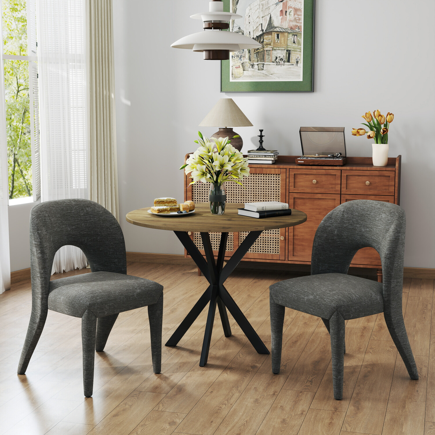 KATBOC 31.in Round Dining Table with 2 Chenille Chairs Set, Modern ...
