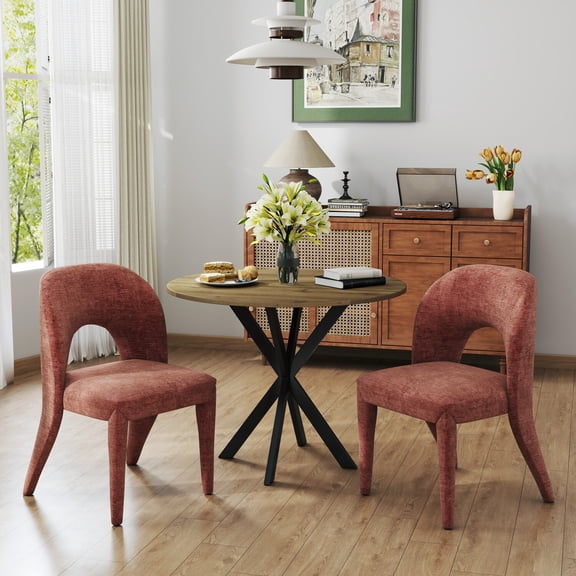KATBOC 31.in Round Dining Table with 2 Chenille Chairs Set, Modern Industrial Style, Space-Saving Metal Frame, Quick Assembly for 2-4 People, Perfect for Apartments, Small Kitchens, Rose