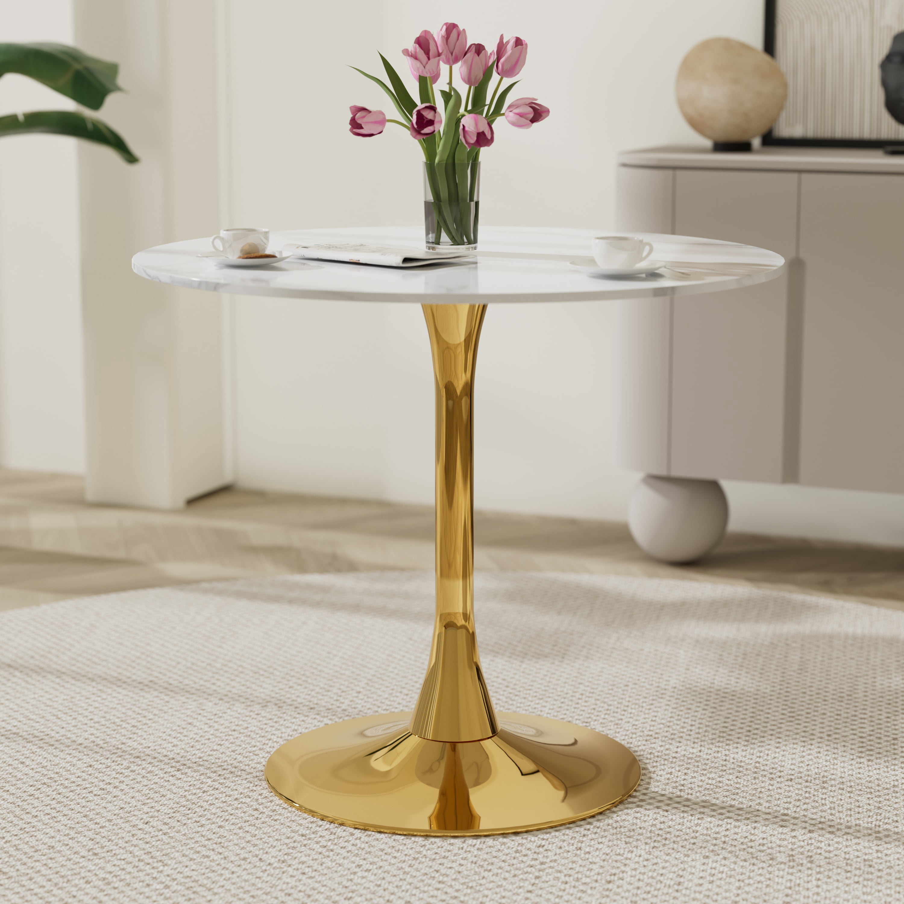 KATBOC 33.86in Round Marble Dining Table, Modern Gold Metal Base ...