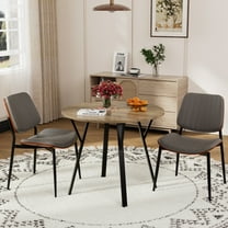 KATBOC 35.43in Round Dining Table Set for 2, 1 Dining Table with 2 PU Chairs, Rustic Brown MDF Tabletop and Metal Legs, Industrial Style for Kitchen Dining Room, Small Space, Gray1