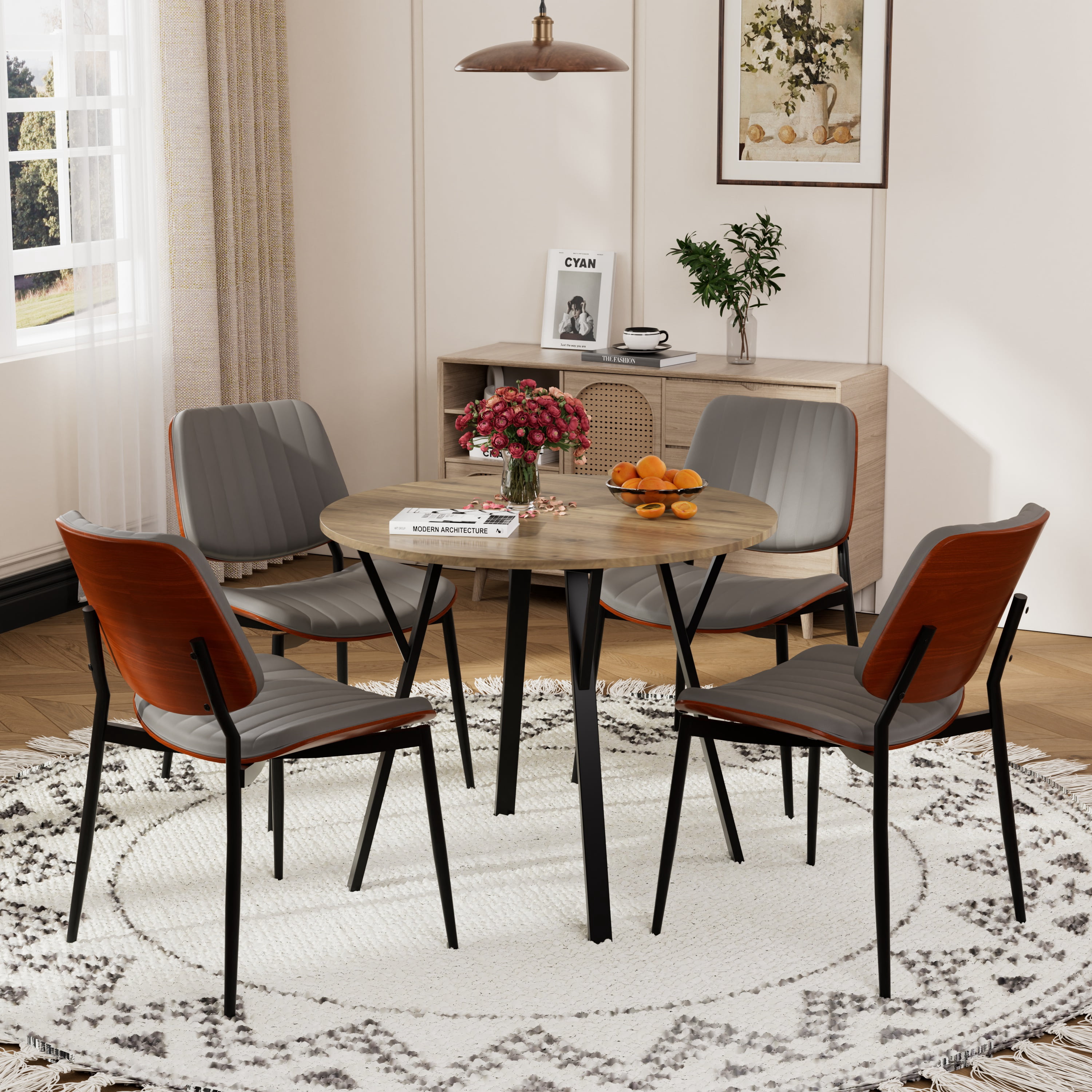 KATBOC 35.43in Round Dining Table Set for 4, 1 Dining Table with 4 PU ...