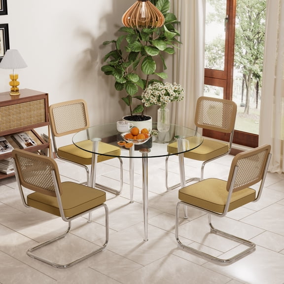 KATBOC 36in Round Dining Table with Tempered Glass Top, Silver Metal Legs, Modern Elegance Sturdy Design for Home, Kitchen, Living Room