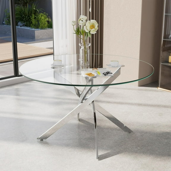 KATBOC 36in Round Glass Dining Table, Tempered Glass Top & Chrome Metal Legs, Modern Table for Small Spaces, Kitchen, Silver