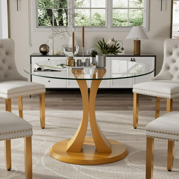 KATBOC 39.2in Double-C Glass Dining Table, Aluminum Tray & Base, Modern Kitchen Table for Small Spaces, Kitchen, Dinning Room, Gold