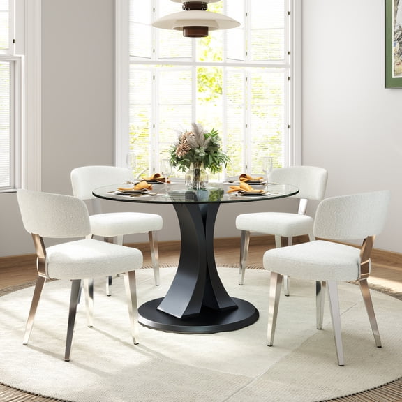 KATBOC 39.2in Round Dining Table Set with 4 Velvet Chairs, Tempered Glass Top & Aluminum Base, Modern Kitchen Table for Small Spaces, Apartment, Dining Room, White