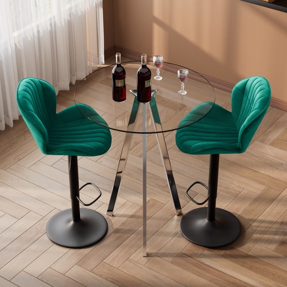 KATBOC 3PCS Bar set, 2 Adjustable Bar Stools with Back & 1-Piece Glass Top Bar Table , Counter Height for Kitchen Pub, SilverGreen