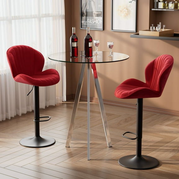 KATBOC 3PCS Bar set , 2 Adjustable Bar Stools with Back & 1-Piece Glass Top Bar Tabl , Counter Height for Kitchen Pub, SilverRed