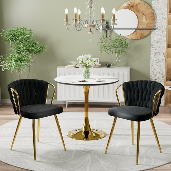 KATBOC 3PCS Round Dining Table Set with 2 Velvet Chairs, 31in Marble Top, Gold Tulip Base, Mid-Century Modern, for Kitchen, Small Space, Dining Room, Black