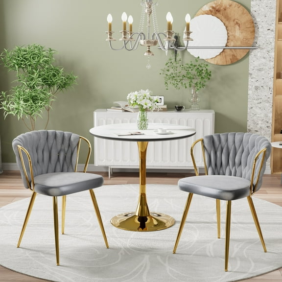 KATBOC 3PCS Round Dining Table Set with 2 Velvet Chairs, 31in Marble Top, Gold Tulip Base, Mid-Century Modern, for Kitchen, Small Space, Dining Room, Gray