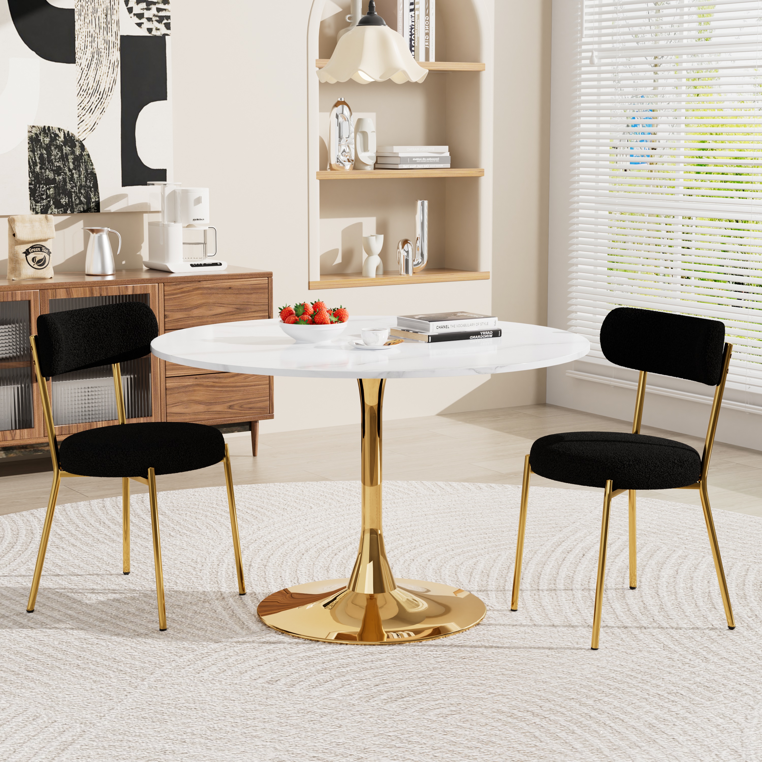 KATBOC 42.13in Round Marble Dining Table Set with 2 Teddy Velvet Chairs ...