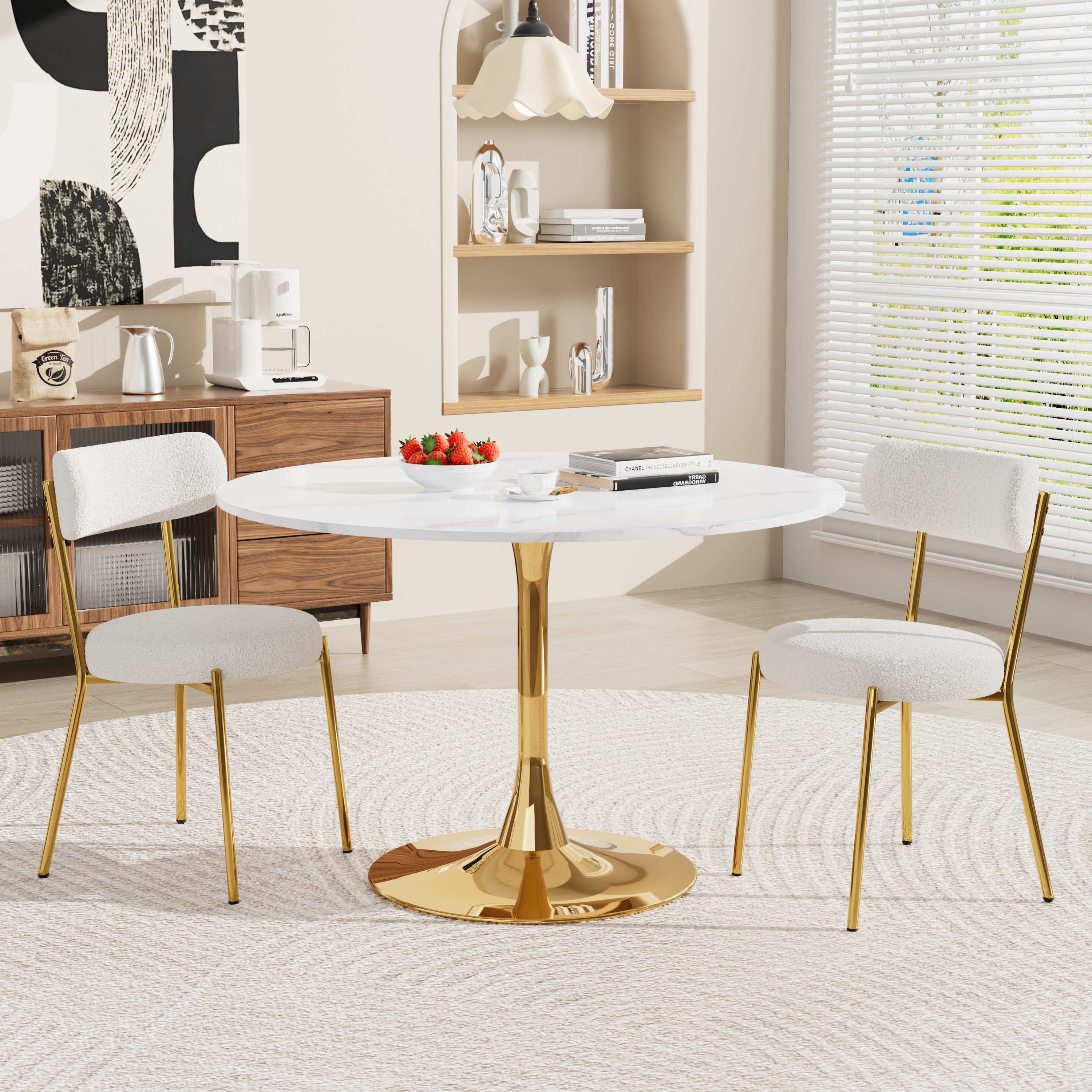 KATBOC 42.13in Round Marble Dining Table Set with 2 Teddy Velvet Chairs ...