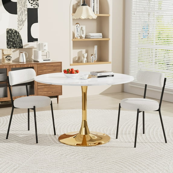 KATBOC 42.13in Round Marble Dining Table Set with 2 Teddy Velvet Chairs, Gold Tulip Base, Modern Small Space Kitchen, Dining Room, White
