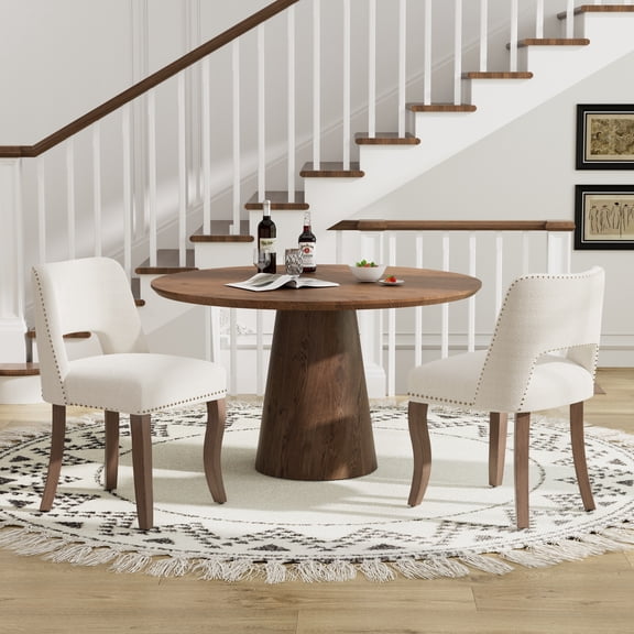 KATBOC 43in Round Dining Table and 2 Chairs Set, Modern Minimalist Farmhouse Style with Upholstered Chairs, MDF Grain Table for Kitchen Dining Room, Walnut&Beige