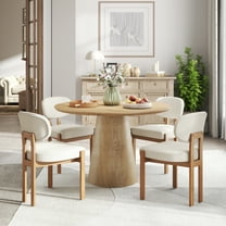 KATBOC 43in Round Dining Table and 4 Chairs Set, Modern Minimalist MDF Wood Table with Fabric Upholstered Farmhouse Chairs, for Small Spaces Kitchen Dining Room, Wood & Beige