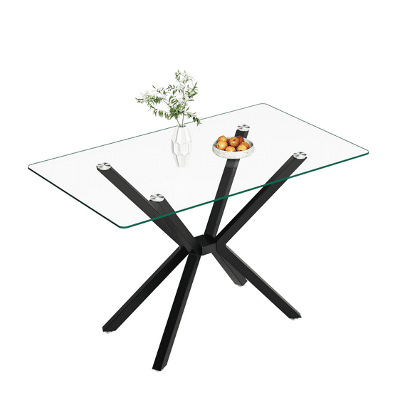 KATBOC 47.24in Rangular Tempered Glass Dining Table, Metal Legs Modern Design, Kitchen Table for Dining Room, Black